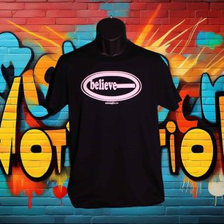 Black T-Shirt With Believe written inside an oval shape, on the front in White ink. With motivategifts.com located bottom center.