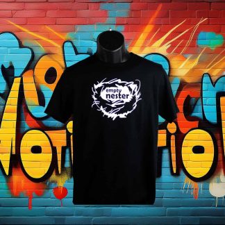 Black T-Shirt With "Empty Nester" written on the front inside of a nest in White ink. With motivategifts.com located bottom center.