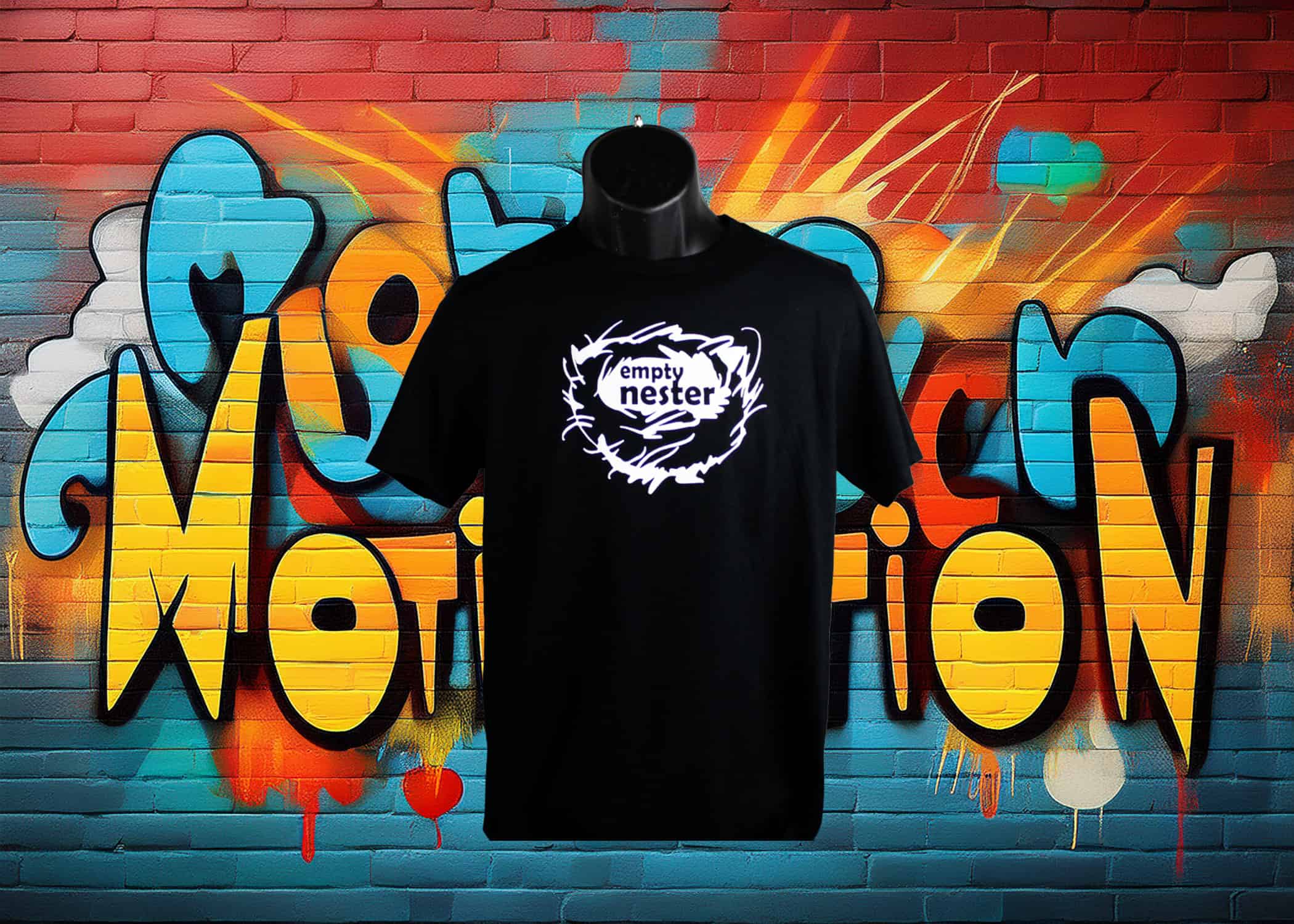 Black T-Shirt With "Empty Nester" written on the front inside of a nest in White ink. With motivategifts.com located bottom center.