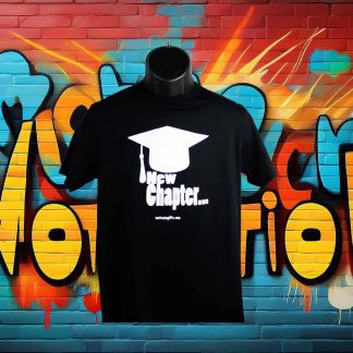 New Chapter T Shirt. Black with white image of Graduation cap.