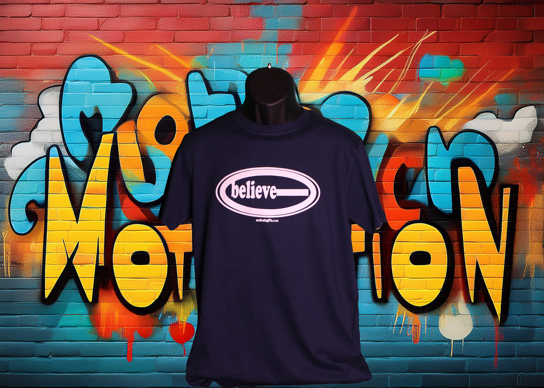 Blue T Shirt with the word Believe written on the front in White ink. With the words motivategifts.com written below image centered