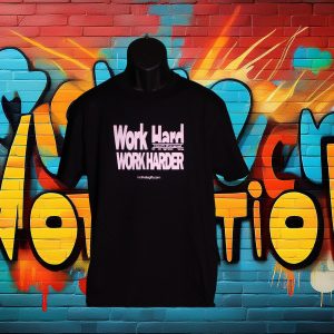 Black T Shirt with "Work hard, reach the goal, work harder" written on the front in White ink. With motivategifts.com written below image centered